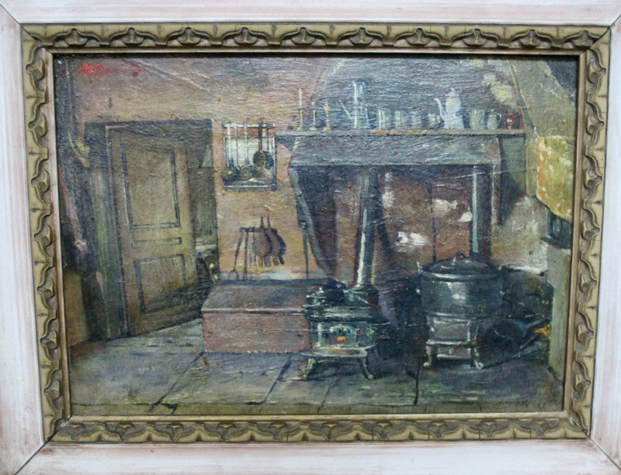 Oil On Cardboard Representing A Jura Farm Kitchen Interior-photo-3