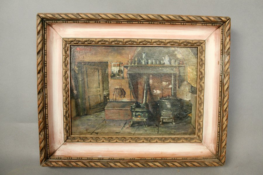 Oil On Cardboard Representing A Jura Farm Kitchen Interior