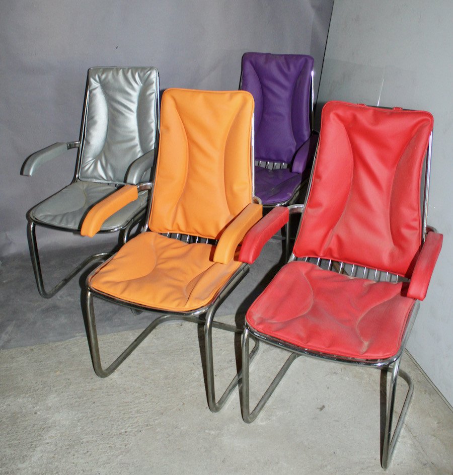 Series Of 4 1970s Armchairs With Chrome Feet And Colored Skai Seat-photo-2