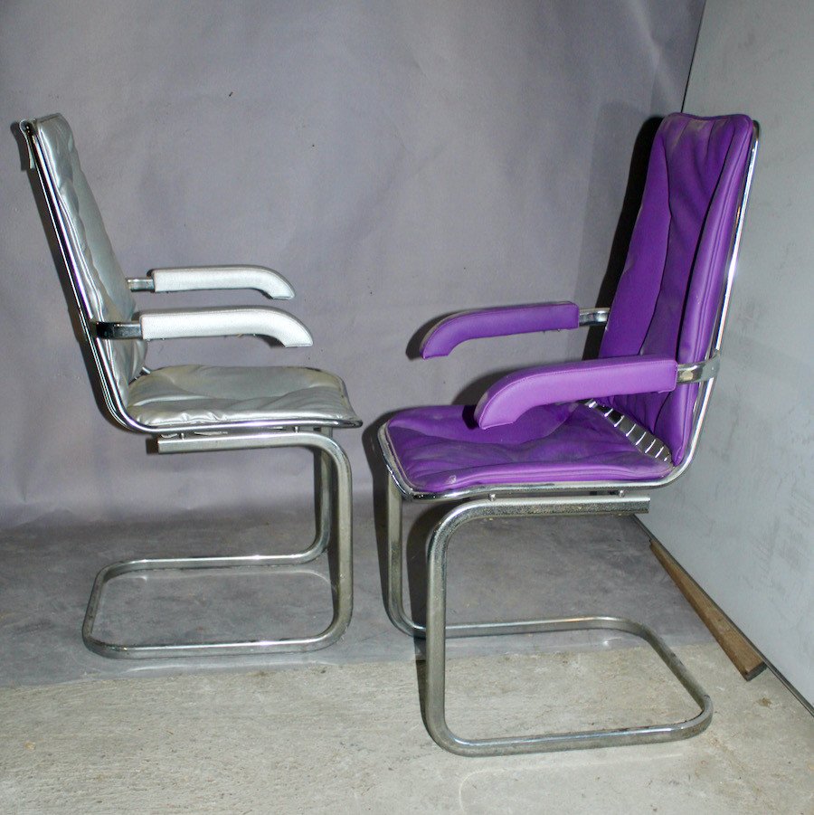 Series Of 4 1970s Armchairs With Chrome Feet And Colored Skai Seat-photo-1