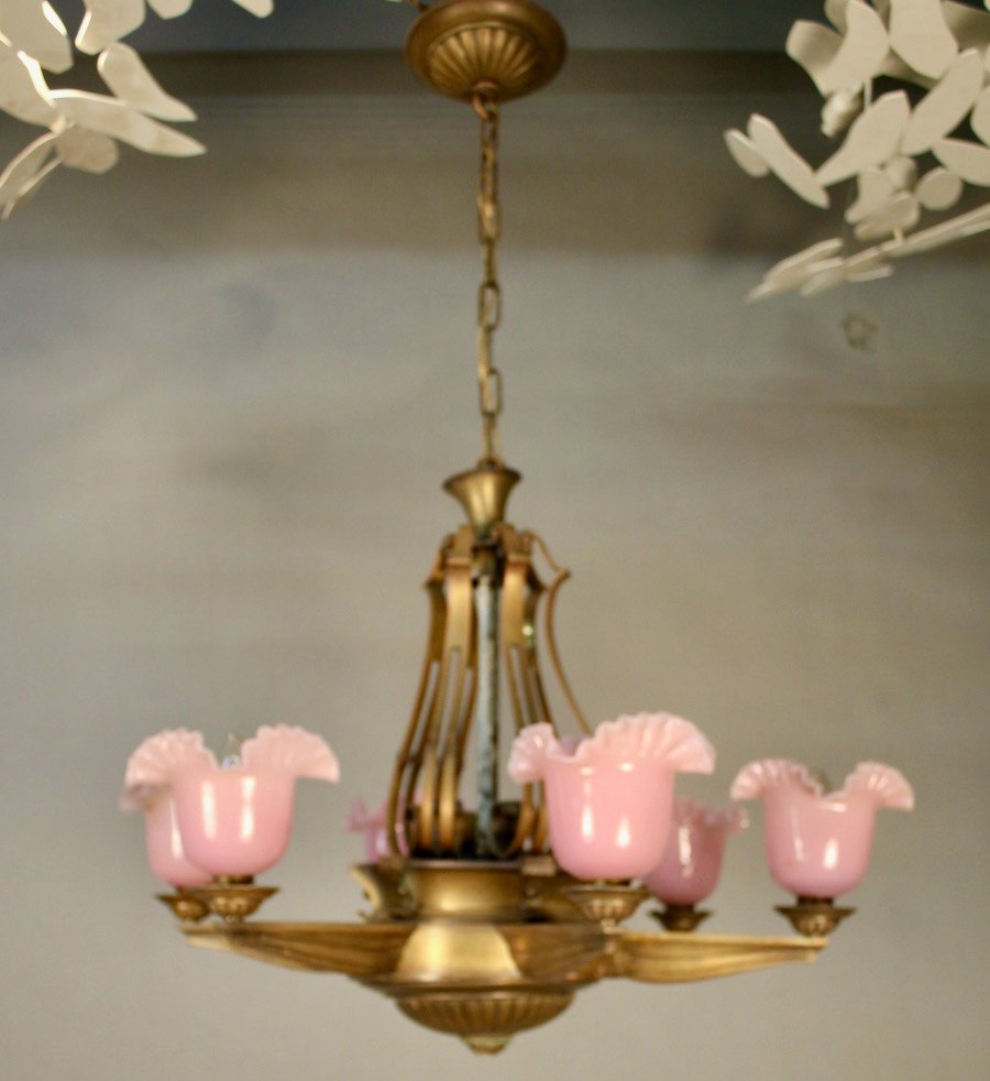 1940 Bronze Chandelier With 6 Pink Opaline Arms Of Light-photo-2