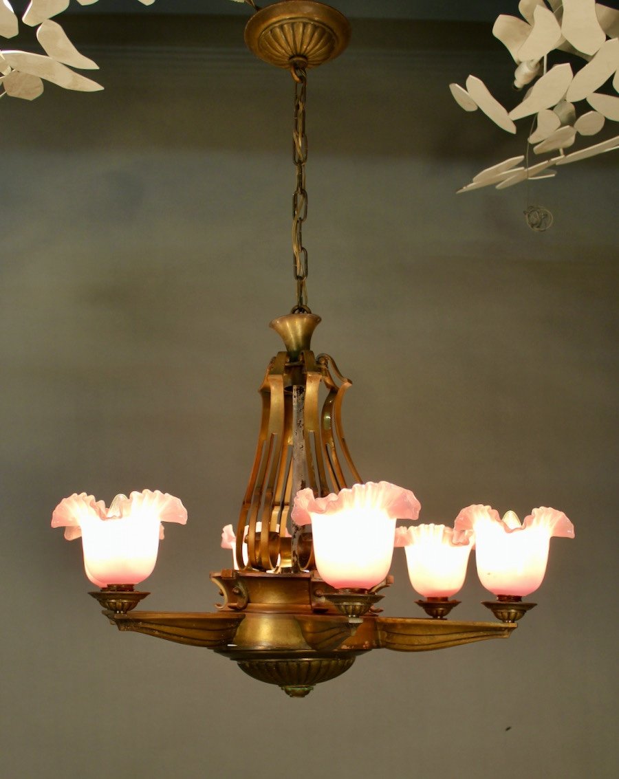 1940 Bronze Chandelier With 6 Pink Opaline Arms Of Light-photo-3
