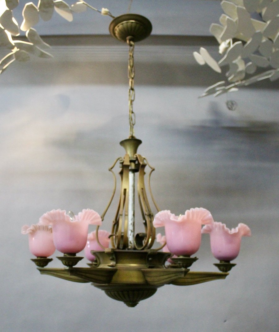 1940 Bronze Chandelier With 6 Pink Opaline Arms Of Light