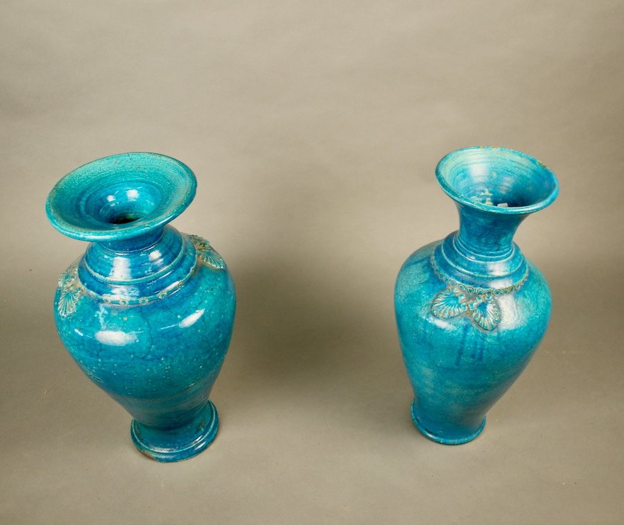 Paire De Vases Chinois En Céramique Craquelée Bleue-photo-2
