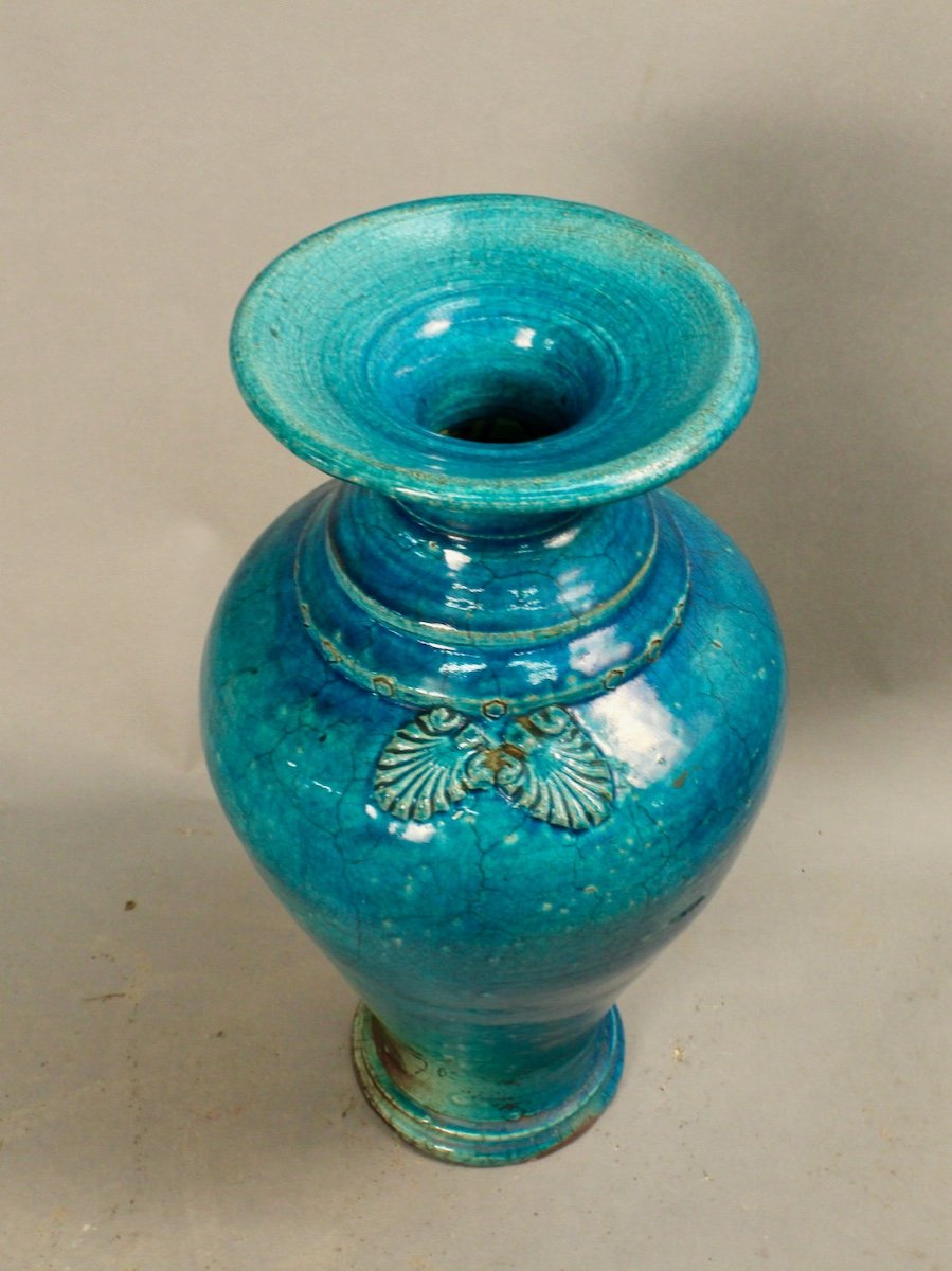 Paire De Vases Chinois En Céramique Craquelée Bleue-photo-2