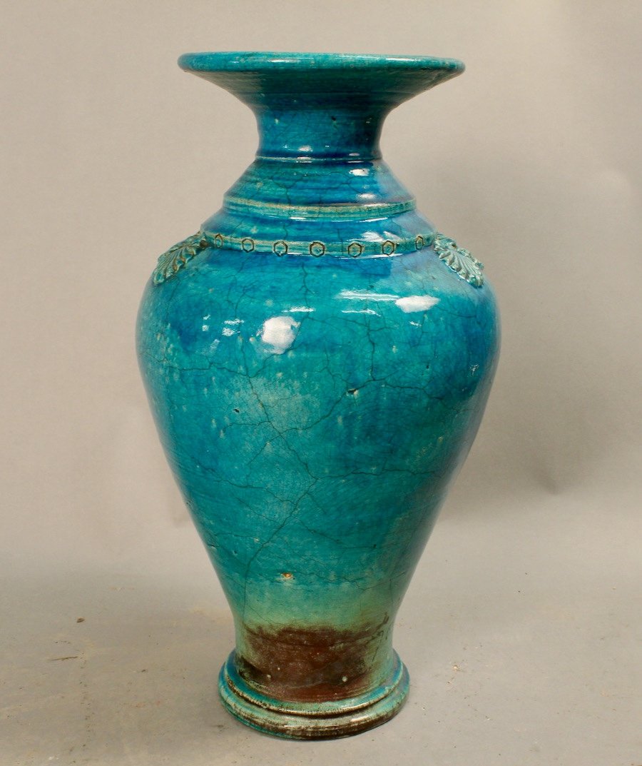 Paire De Vases Chinois En Céramique Craquelée Bleue-photo-3