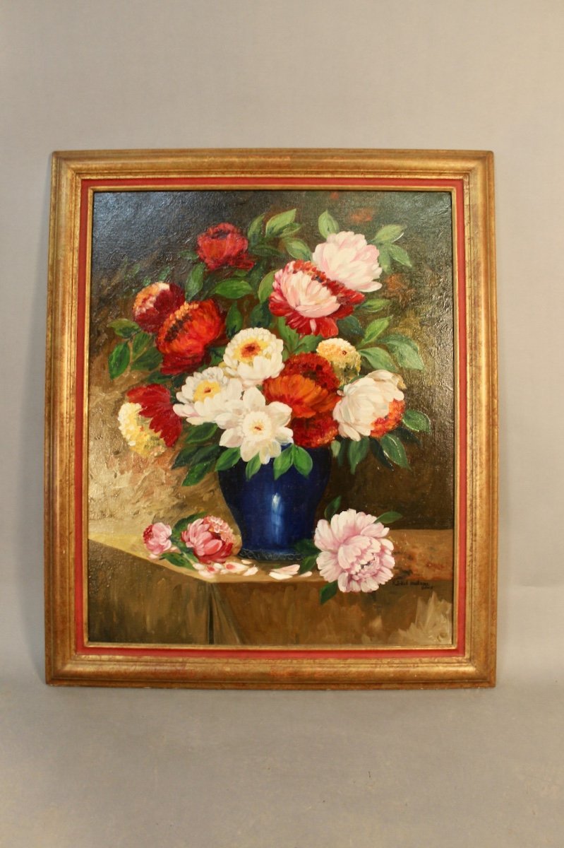 Table Oil On Canvas Of Flowers Signed Ricket Marteau-photo-2