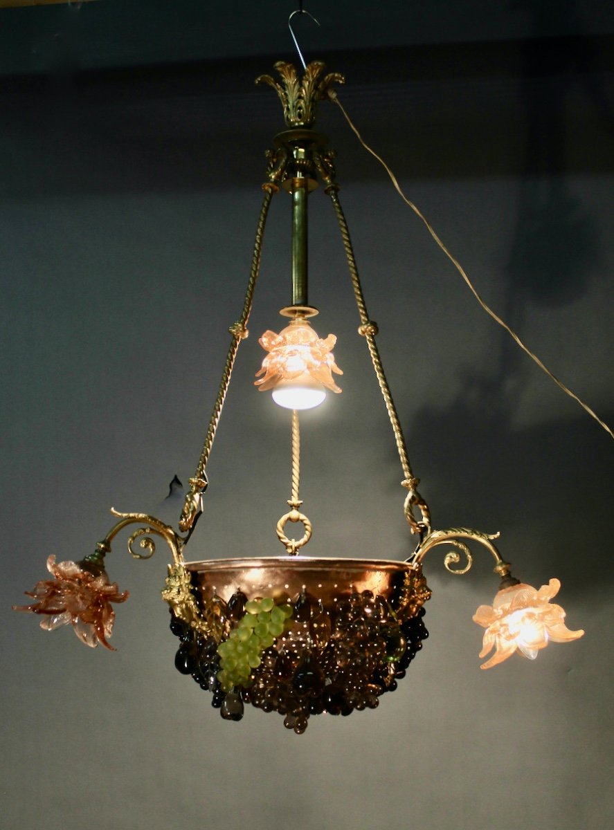 Copper And Bronze Chandelier With Glass Fruit Decor-photo-2