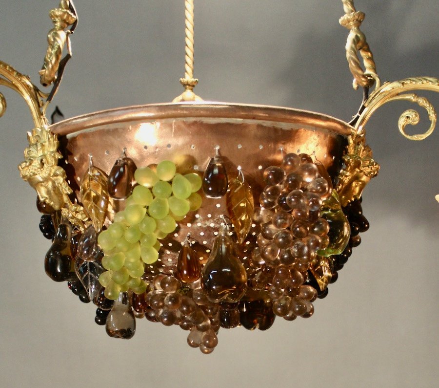 Copper And Bronze Chandelier With Glass Fruit Decor-photo-1