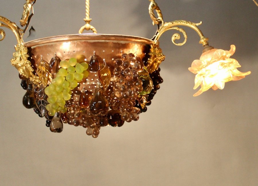 Copper And Bronze Chandelier With Glass Fruit Decor-photo-2