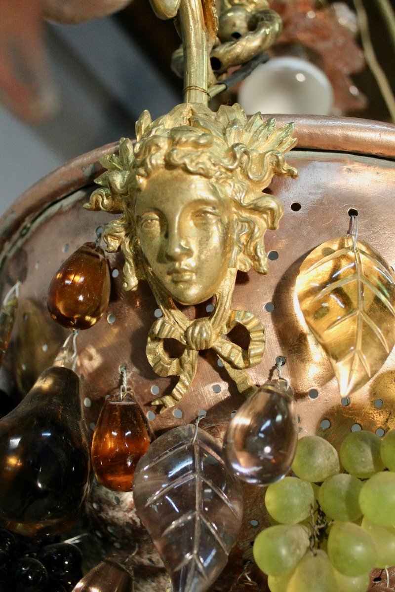 Copper And Bronze Chandelier With Glass Fruit Decor-photo-4