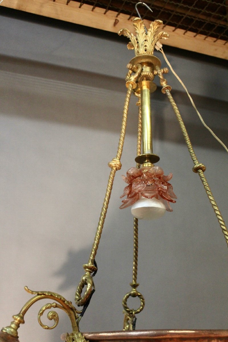 Copper And Bronze Chandelier With Glass Fruit Decor-photo-5