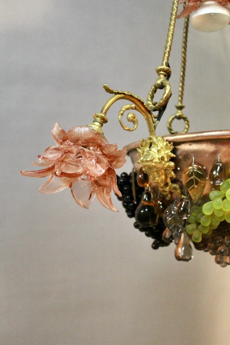 Copper And Bronze Chandelier With Glass Fruit Decor-photo-6
