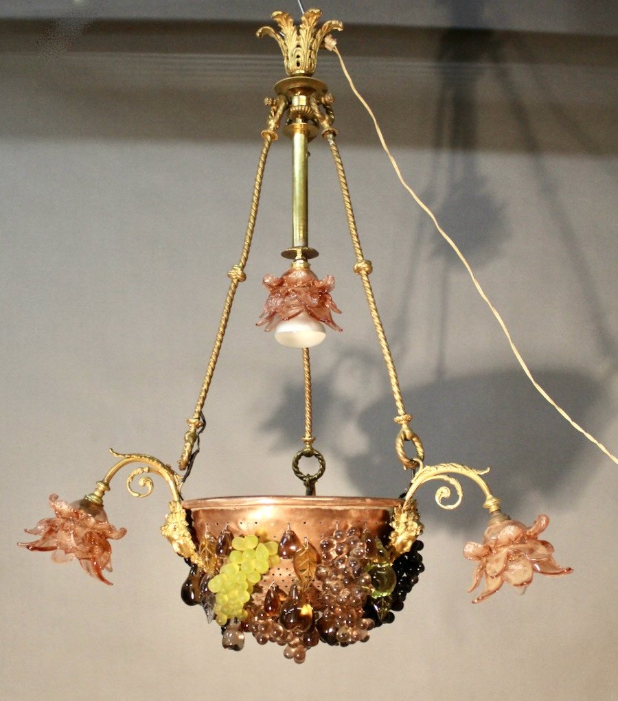 Copper And Bronze Chandelier With Glass Fruit Decor