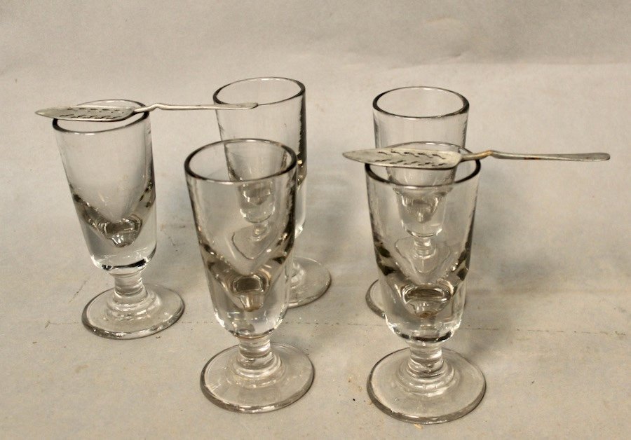 Lot De 5 Verres à Absinthe Ancien Et 2 Cuillères à Absinthe-photo-3
