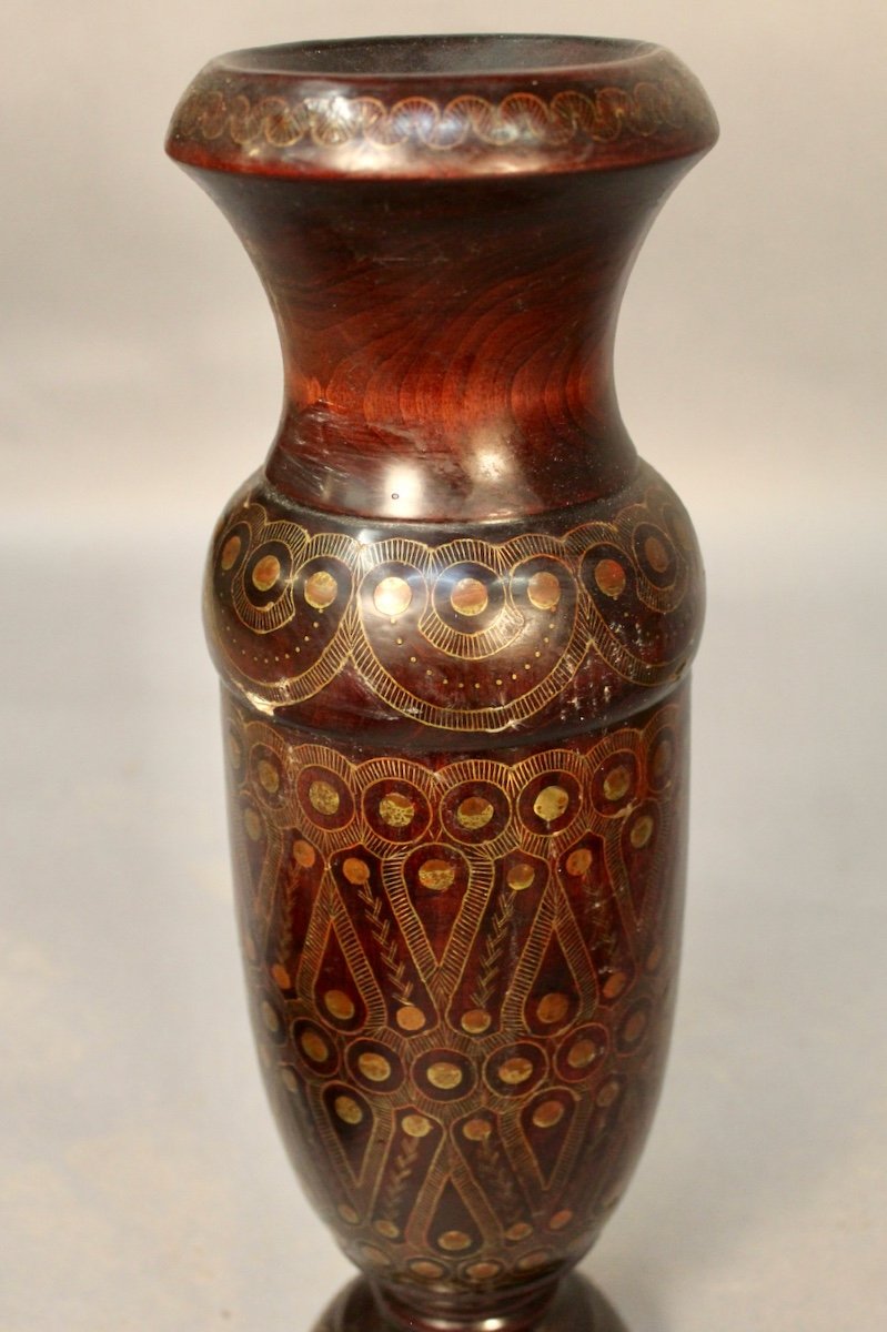 Oriental Brass Inlay Turned Wood Vase-photo-4
