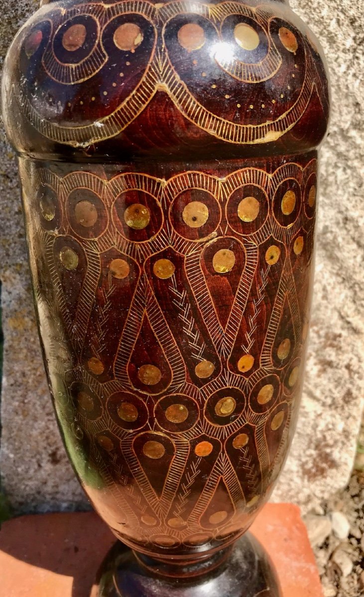 Oriental Brass Inlay Turned Wood Vase-photo-1