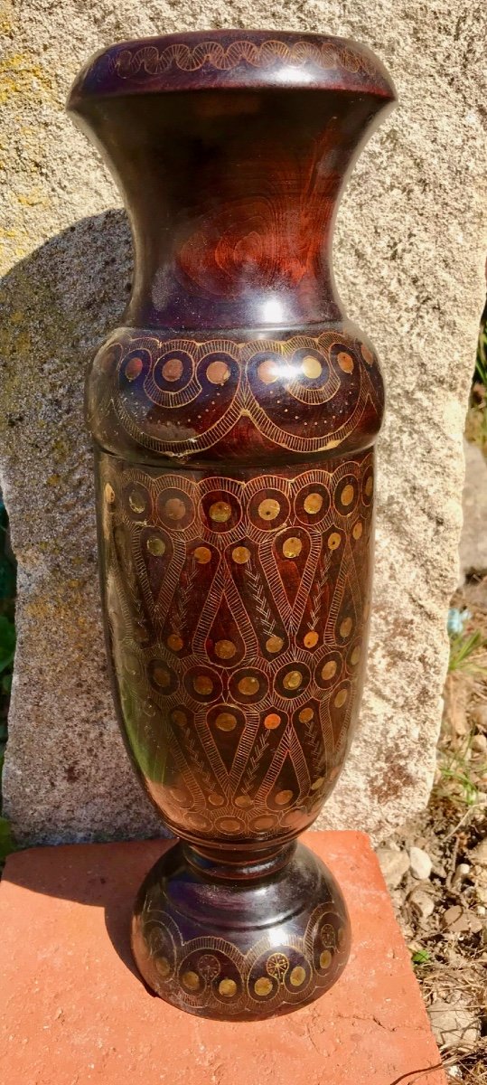 Oriental Brass Inlay Turned Wood Vase-photo-2