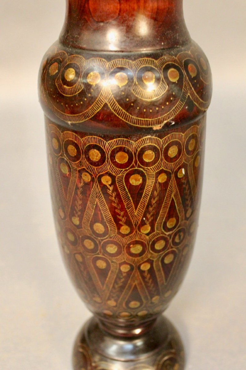 Oriental Brass Inlay Turned Wood Vase-photo-4