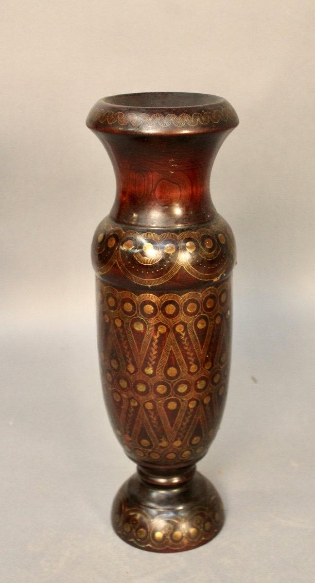 Oriental Brass Inlay Turned Wood Vase
