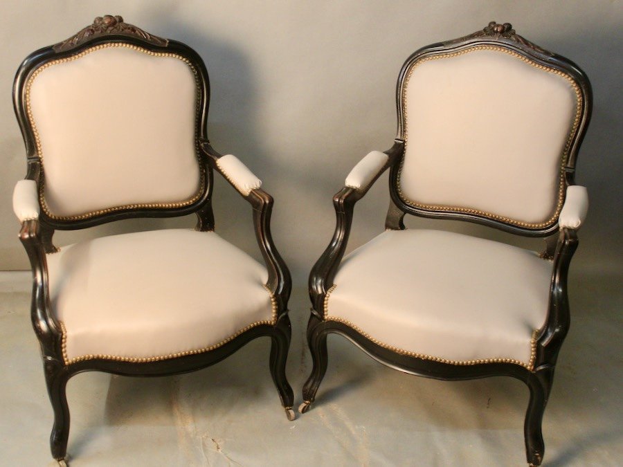 Pair Of Louis XV Style Cabriolet Armchairs In Blackened Pear Tree Napoleon III-photo-4