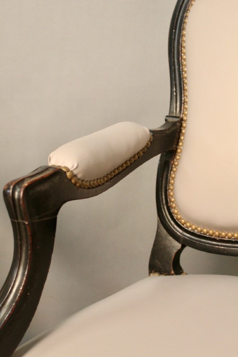 Pair Of Louis XV Style Cabriolet Armchairs In Blackened Pear Tree Napoleon III-photo-3