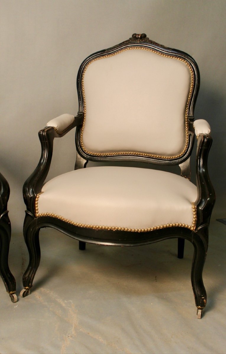 Pair Of Louis XV Style Cabriolet Armchairs In Blackened Pear Tree Napoleon III-photo-5