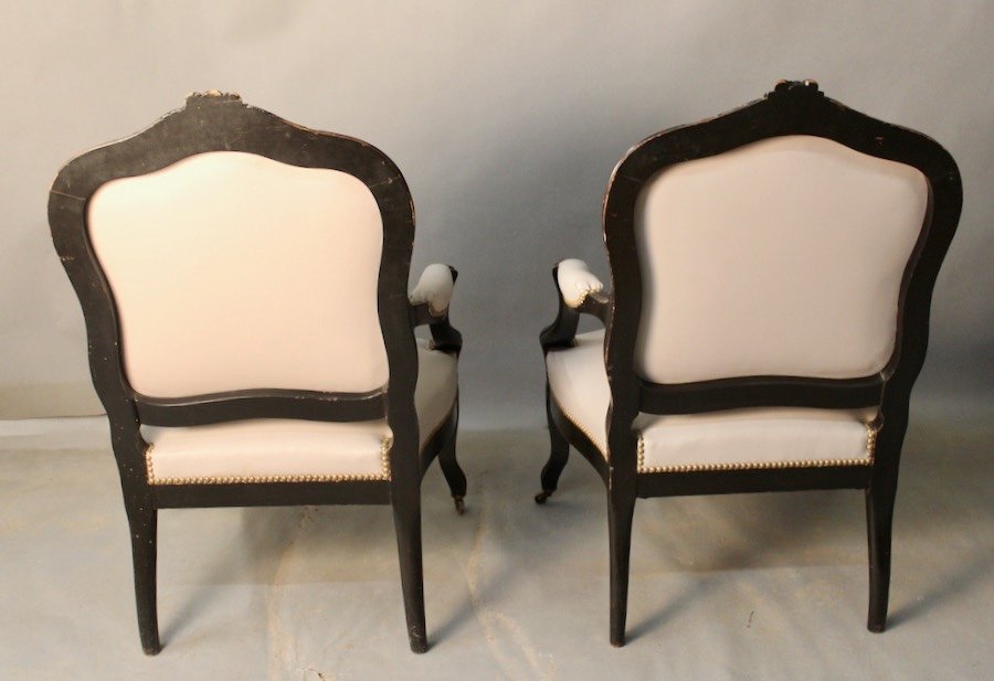 Pair Of Louis XV Style Cabriolet Armchairs In Blackened Pear Tree Napoleon III-photo-7