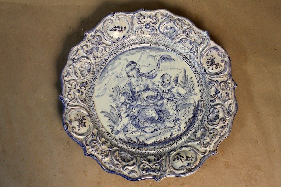 Grand Plat Creux Rond En Faïence Bleue Diamètre 48 Cm Signé-photo-2