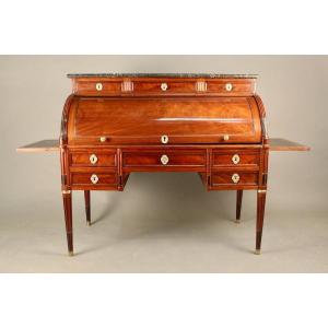 Large Cylinder Desk In Mahogany Stamped Petit