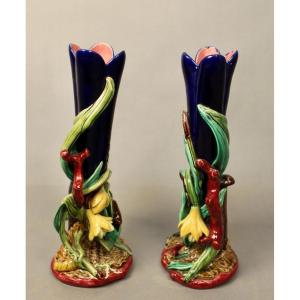 Pairs Of Vases Decorated With Majolica Flowers Sarreguemines