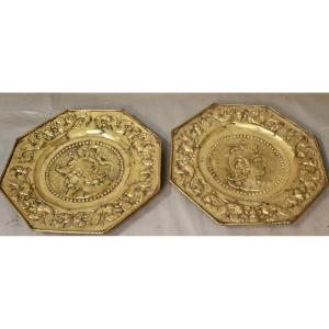 Pair Of Offering Dishes In Polished Repoussé Brass Figuring Mars And Minerva