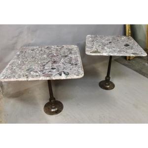 Pair Of Bistro Tables Cast Iron Base Marble Top 
