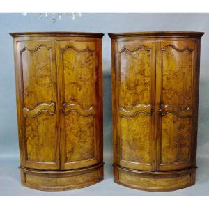 Pair Of High Walnut And Burl Ash Corner Cabinets