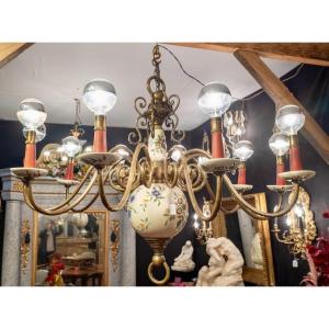 Important Dutch Chandelier In Bronze And Earthenware With 10 Arms Of Light