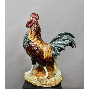COQ en faience polychrome émaillée par Louis Robert Carrier Belleuse 55 cm de haut