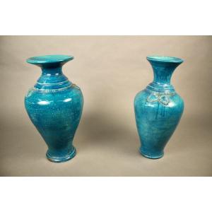 Paire de vases monochromes en céramique Turquoise craquelée XVIIIème Chine