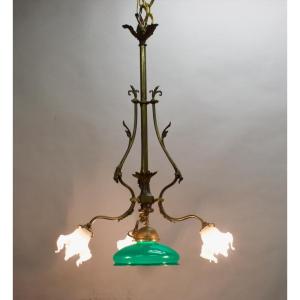 Lustre en bronze Napoléon III  à opaline centrale verte