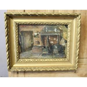 Huile sur carton "Cuisine de ferme du Jura" XIXème