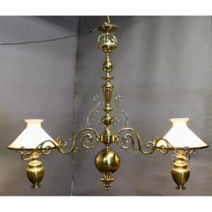 Important lustre de billard en laiton massif Napoléon III