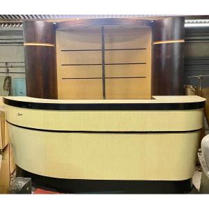 Comptoir de bar en formica Années 60 Louis Vergoin et arrière de bar 