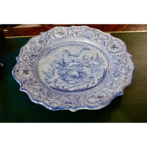 Grand plat en faience bleue Savone Italie 48 cm de diamètre