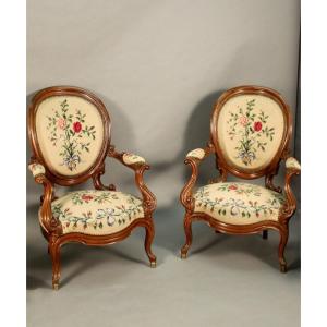 Pair Of Louis Philippe Armchairs With Petit Point Tapestry
