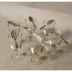 Set Of 6 Absinthe Glasses With Their Silver-plated Spoons