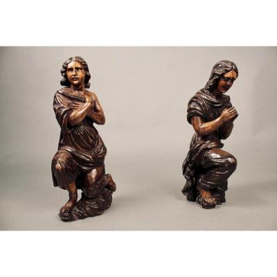 Couple De Personnages En Bois Sculpté XVIIIème 