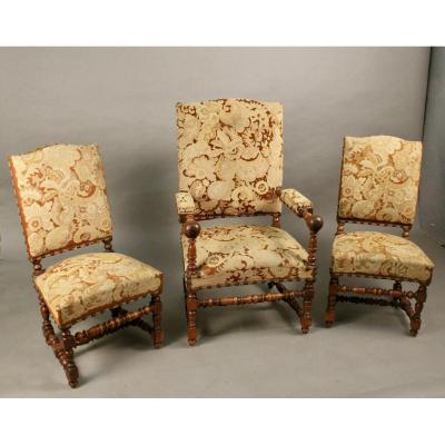 Pair Of Chairs And Armchair Louis XIII, Nineteenth