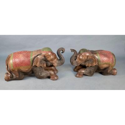 Couple Of Painted Teak Elephants