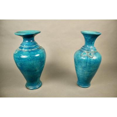 Paire De Vases Chinois En Céramique Craquelée Bleue