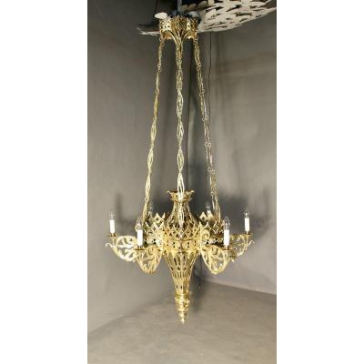 Lustre Gothique Flamboyant En Bronze XVIIème 