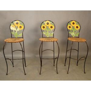 Set Of 3 Bar Stools With Sunflower Decor